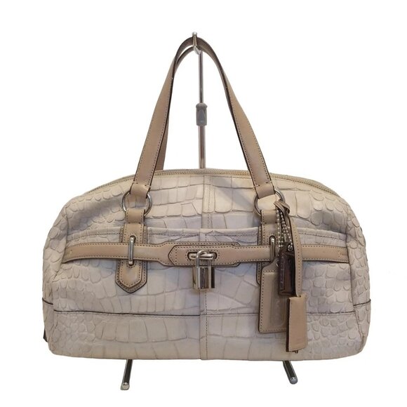 Auth COACH Chelsea Embossed Crocodile Leeds Satchel 18020 Gray Beige Leather - Picture 1 of 9